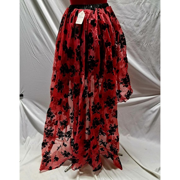 Burgundy Red sheer high low black flocked floral skirt M/L - Picture 2 of 9